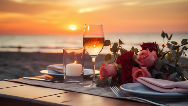 Обои картинки фото 3д графика, реализм , realism, закат, розы, свеча, бокал