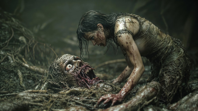 Обои картинки фото 3д, 3д графика, ужас , horror, девушка, труп, нейросеть