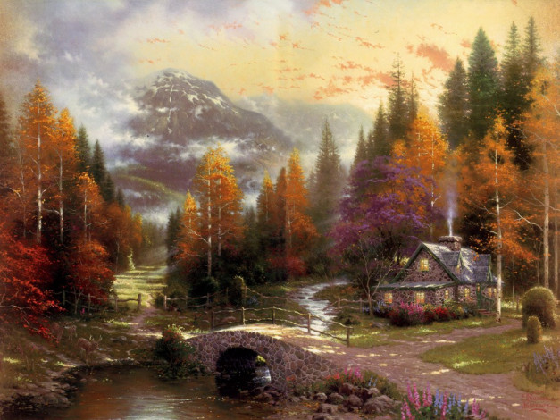 Обои картинки фото thomas, kinkade, рисованные, природа
