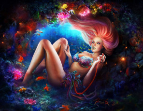 Картинка фэнтези девушки кораллы рыбы морское дно