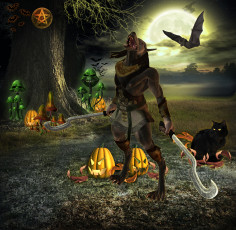 Картинка 3д графика fantasy фантазия кошка тыква летучая мышь