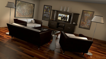 Картинка 3д графика realism реализм телевизор диваны картины ваза