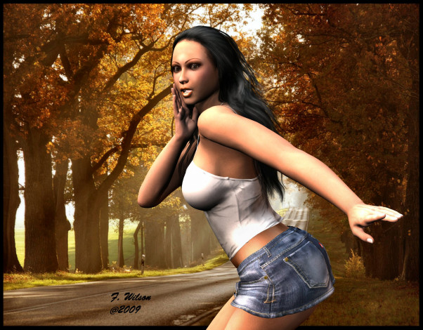 Обои картинки фото 3д, графика, people, люди, девушка, дорога, лес