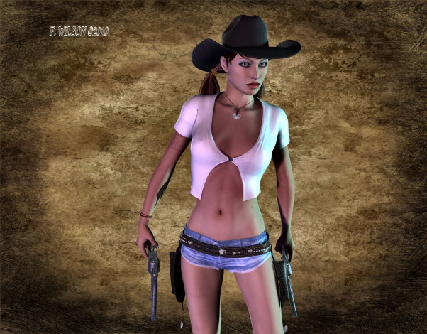 Обои картинки фото 3д, графика, people, люди, шляп, пистолеты, девушка