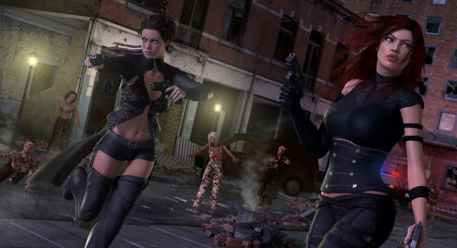 Обои картинки фото 3д, графика, fantasy, фантазия, окна, машины, пистолеты, девушки, оружие, выживание, дома, фонарь, кровь, лица, взгляд, зомби