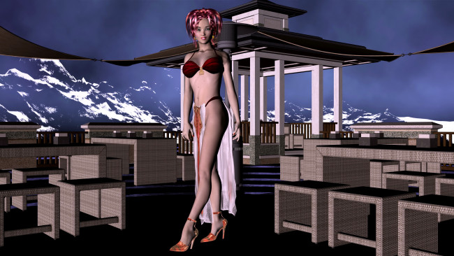 Обои картинки фото 3д, графика, people, люди, стулья, девушка, горы