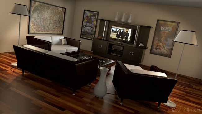 Обои картинки фото 3д, графика, realism, реализм, телевизор, диваны, картины, ваза