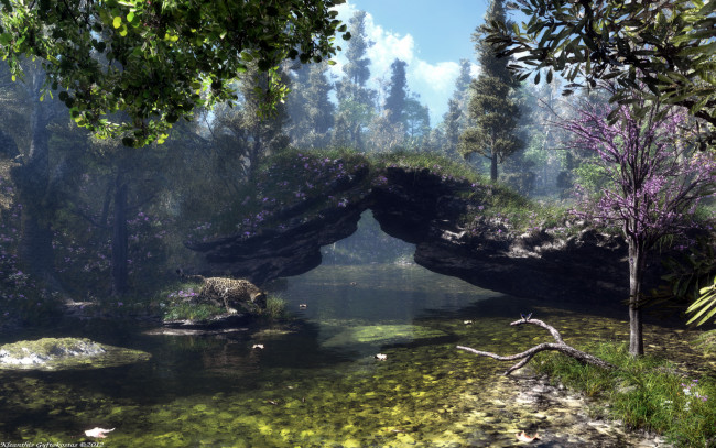 Обои картинки фото 3д, графика, nature, landscape, природа, скала, деревья, леопард, река