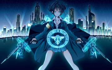 Картинка аниме psycho-pass пистолет эмблема город плащ детектив юбка девушка akane tsunemori