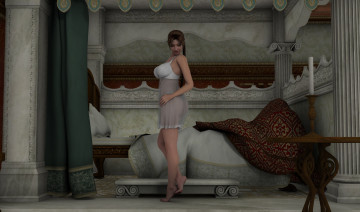 Картинка 3д+графика люди+ people шторы взгляд девушка свеча фон стол