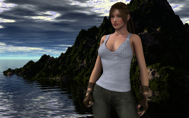 Обои картинки фото 3д графика, люди , people, море, горы, взгляд, девушка, фон, небо