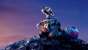 обоя мультфильмы, wall-e, гора, мусор, свалка, звезды, небо, мечта, робот