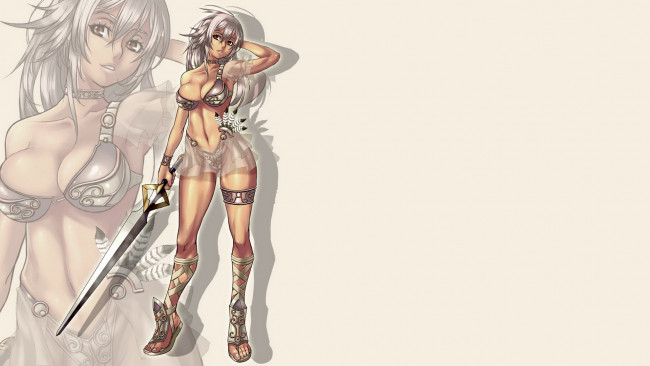 Обои картинки фото рисованное, люди, девушка, фон, взгляд, меч