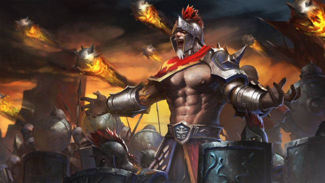 Обои картинки фото видео игры, heroes of newerth, hon, midas, heroes, of, newerth, warrior, king, воин, армия, шлем, щит, копье