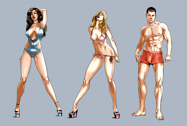 Обои картинки фото рисованное, люди, мужчина, девушки, фон, взгляд, купальник