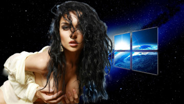 обоя компьютеры, windows 7 , vienna, логотип, девушка, фон, взгляд