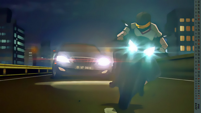 Обои картинки фото календари, аниме, байкер, погоня, огни, машина