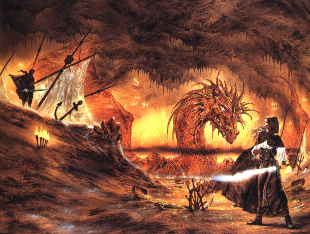 Обои картинки фото фэнтези, _luis royo, девушка, дракон, оружие, враг, мачты