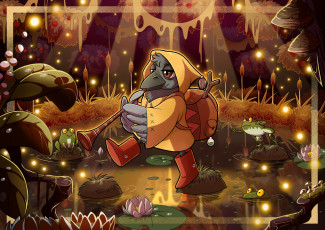 Картинка рисованное кино +мультфильмы ворон труба лес болото кочки плащ рюкзак