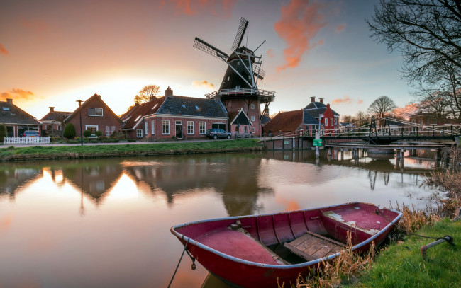 Обои картинки фото корабли, лодки,  шлюпки, река, лодка, мост