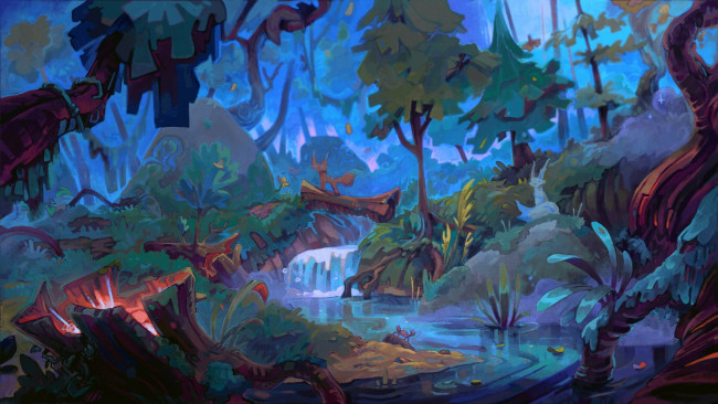 Обои картинки фото фэнтези, существа, лес, животные, речка