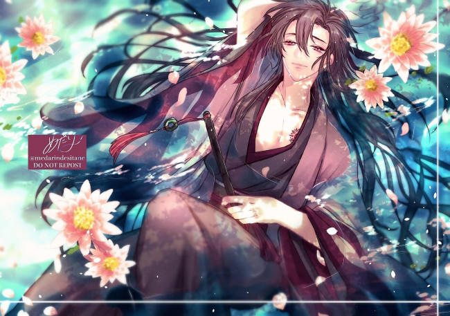 Обои картинки фото аниме, mo dao zu shi, вэй, усянь, флейта, цветы