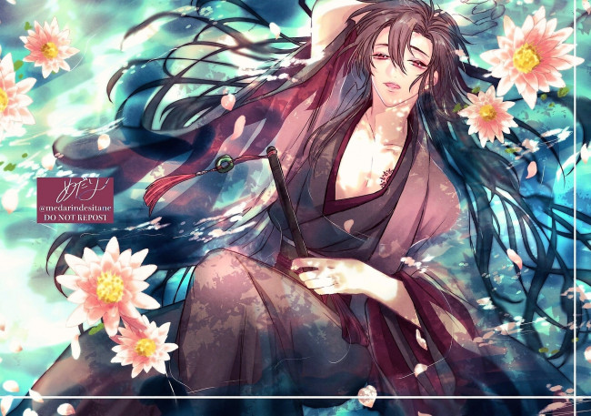 Обои картинки фото аниме, mo dao zu shi, вэй, усянь, флейта, цветы