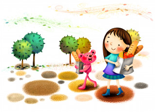 Картинка рисованное дети девочка покупки мишка деревья