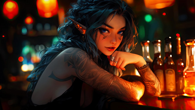 Обои картинки фото фэнтези, эльфы, девушка, эльфийка, тату, бар, бутылки