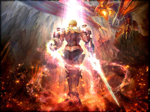 обоя видео игры, lineage ii,  the chaotic chronicle, воин, меч, дракон, искры, огонь