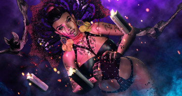 Картинка 3д+графика фантазия+ fantasy девушка белье серьги воротник магия свечи летучие мыши