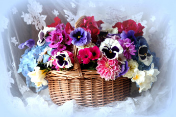 Картинка цветы букеты композиции герань петуния гортензия фрезия розы виола корзина