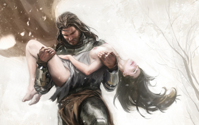 Обои картинки фото фэнтези, люди, девушка, мужик, зима