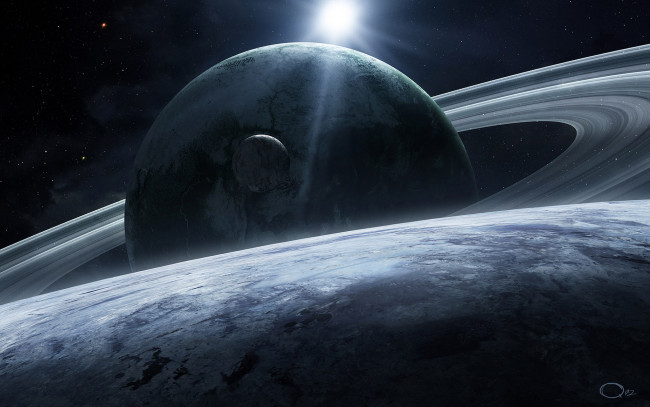 Обои картинки фото космос, арт, звезды, кольца, планеты, спутник, qaz2008