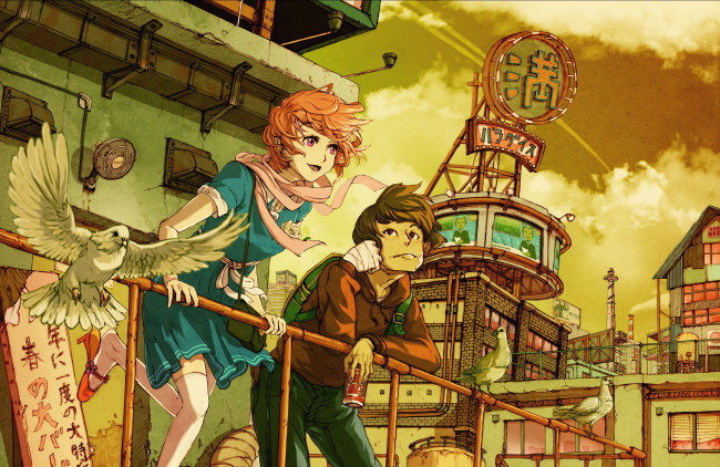 Обои картинки фото аниме, *unknown, другое, голубь, парень, девушка