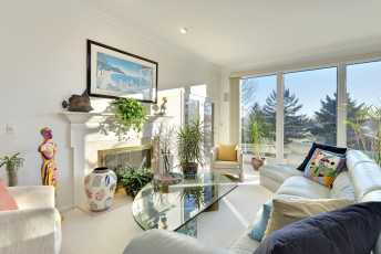 обоя интерьер, гостиная, стекло, модерн, диван, картина, вазоны