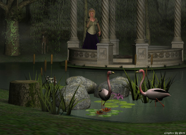 Обои картинки фото 3д, графика, people, люди, девушка, пруд, камыши, фламинго