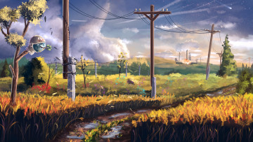 Картинка рисованные природа дорога провода столбы