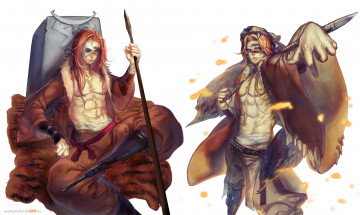 Картинка аниме -weapon +blood+&+technology воин охотник шкура маски оружие белый фон парни