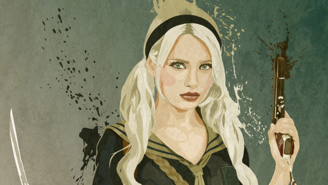 Обои картинки фото рисованные, кино, запрещённый, приём, sucker, punch, пистолет, девушка