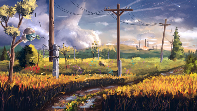 Обои картинки фото рисованные, природа, дорога, провода, столбы