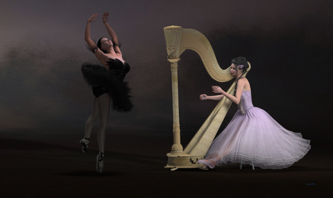 Обои картинки фото 3д графика, people , люди, девушки, танец, арфа