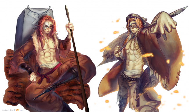 Обои картинки фото аниме, -weapon,  blood & technology, воин, охотник, шкура, маски, оружие, белый, фон, парни