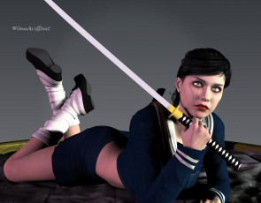 Картинка 3д+графика люди+ people катана фон взгляд девушка