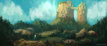 Картинка рисованное природа облака горы лес