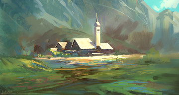 Картинка рисованное города пейзаж горы дома