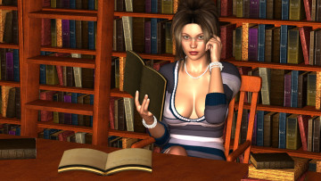 Картинка 3д+графика люди+ people библиотека тетрадь стол фон очки книги взгляд девушка