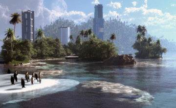 Картинка 3д+графика другое+ other вершина пингвины дома лед лес облака