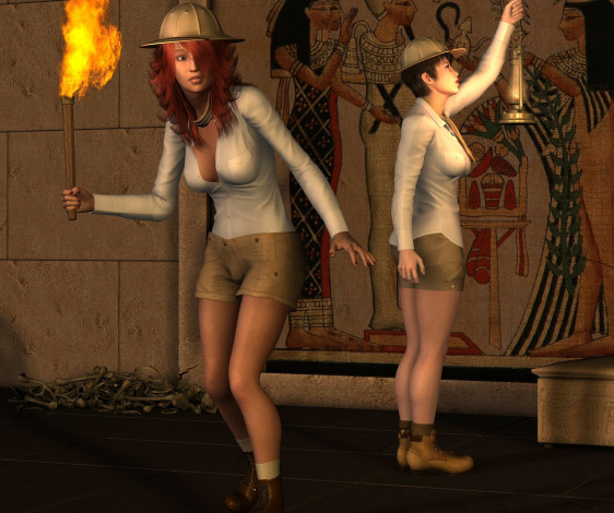 Обои картинки фото 3д графика, фантазия , fantasy, фон, взгляд, девушки, факелы