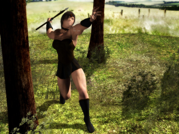 Обои картинки фото 3д графика, фантазия , fantasy, фон, копье, взгляд, девушка